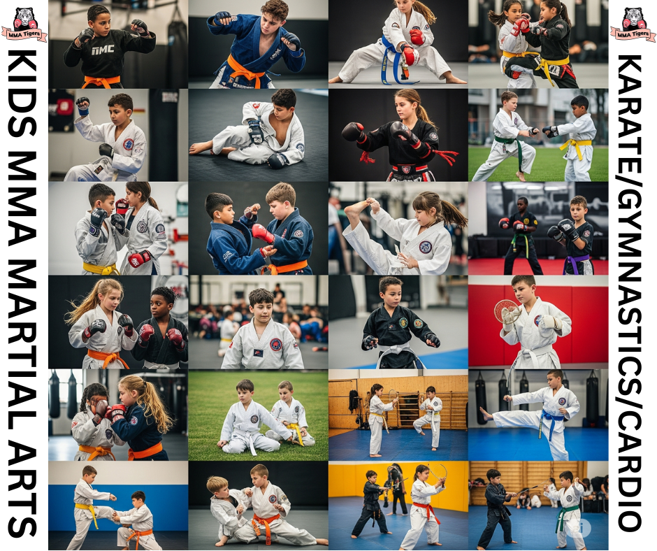 A dynamic collage featuring children of diverse ages and genders demonstrating various martial arts: striking in **MMA** and **Muaythai**, grappling in **Brazilian Jiu-Jutsu**, performing **Karate** stances, fluid movements in **Tai-Chi**, high kicks in **Taekwondo**, acrobatic **Gymnastics**, and supervised **weapon training**. The image conveys the **energy, discipline, and comprehensive learning** offered at MMATIGERS.
