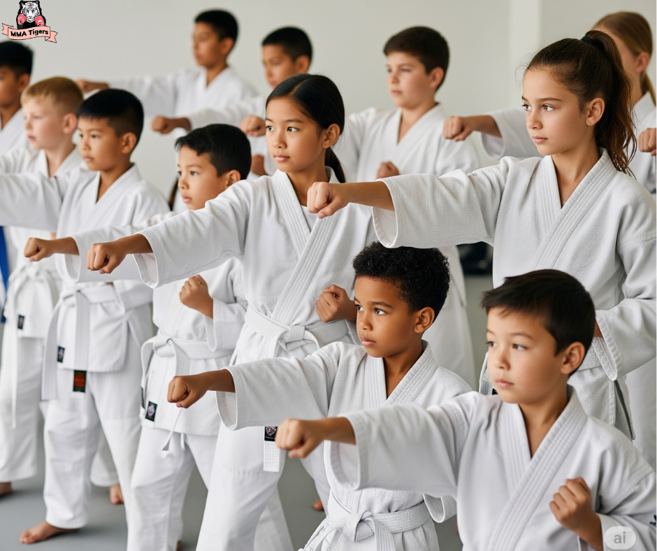 A group of diverse children, aged 6-12, are enthusiastically engaged in a martial arts class. They are wearing white uniforms and are focused on learning techniques. The well-lit training area reflects a positive and encouraging environment, emphasizing discipline, self-confidence, and social development.