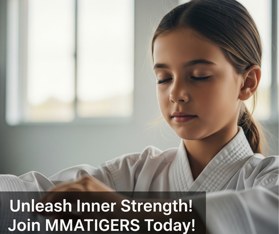 A serene image of several children, aged 8-10, in martial arts uniforms, meditating or performing slow, controlled Tai-Chi movements in a softly lit training space. Their expressions convey peace, focus, and inner calm. Superimposed text reads: "Unleash Inner Strength! Join MMATIGERS Today!" The image emphasizes the mental and emotional benefits of martial arts, alongside a clear call to action and contact information.
