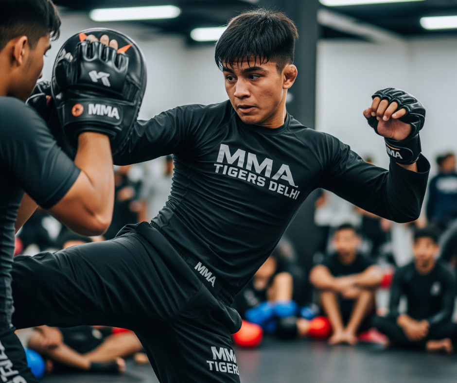 "Two male martial artists training in a gym, one in a black 'MMA Tigers Delhi' uniform mid-kick, striking a padded mitt held by his partner."