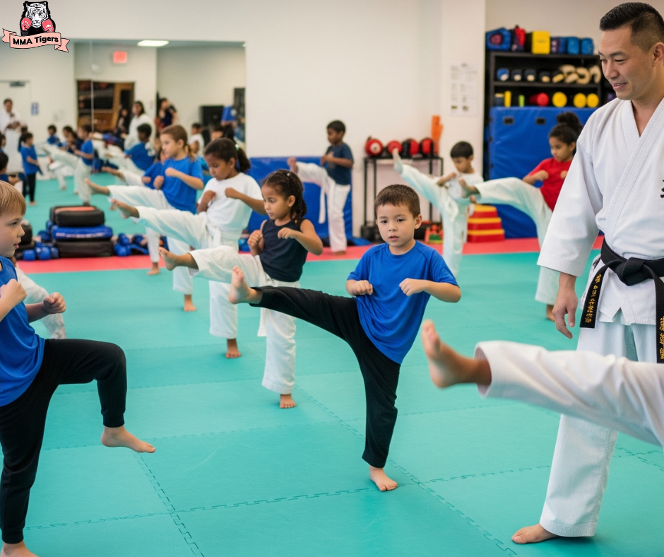 A vibrant image showing a diverse group of children, ranging from toddlers to pre-teens, enthusiastically participating in a martial arts class. They are on colorful mats in a well-lit training area. A supportive instructor, with an encouraging expression, is guiding them. The atmosphere is energetic and positive, highlighting the fun and discipline of the MMATIGERS Kids Program.
